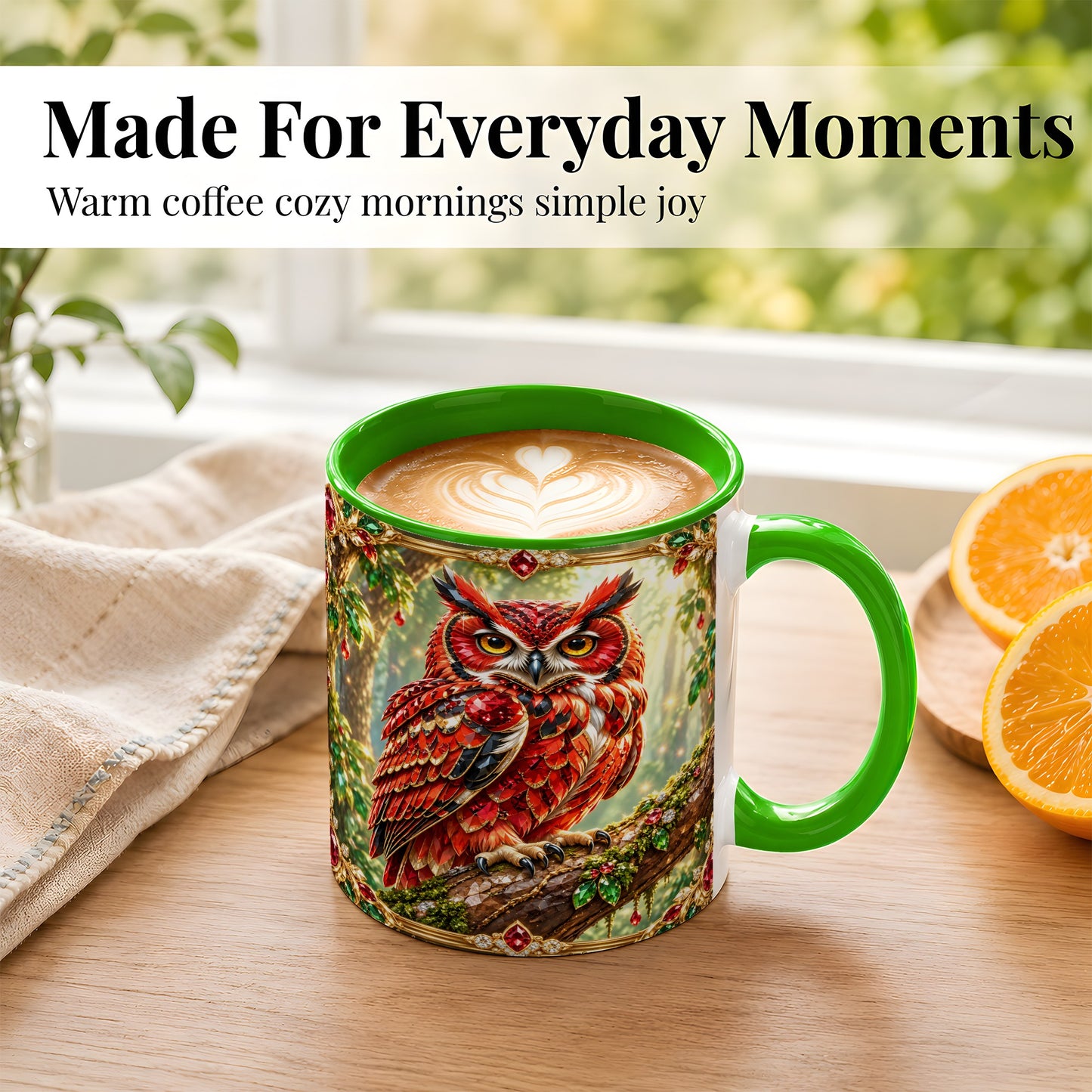 #pl[11oz|Green] Red Gem Owl Coffee Mug, Gemstone Style Owl Mug, Ceramic Cup