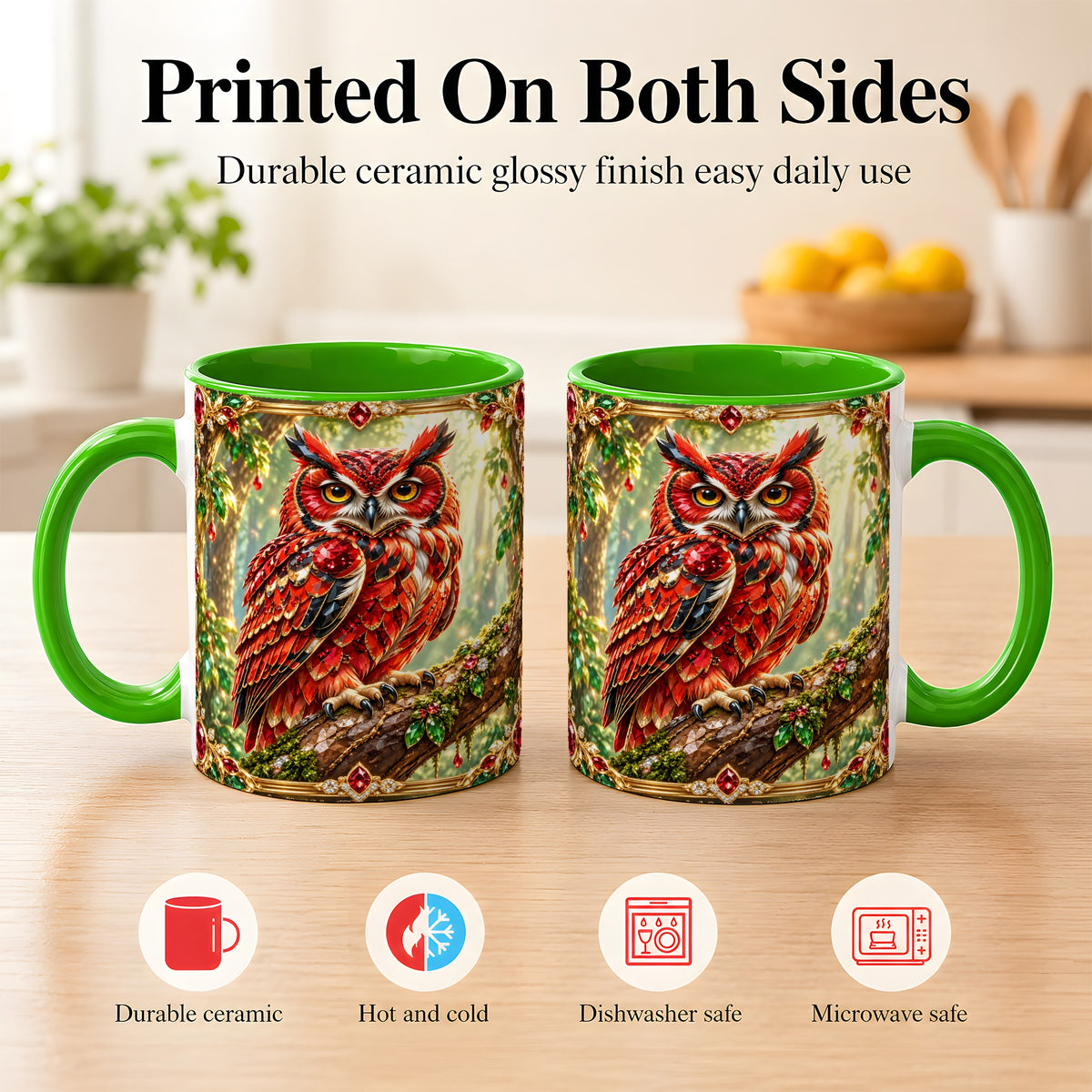 #pl[11oz|Green] Red Gem Owl Coffee Mug, Gemstone Style Owl Mug, Ceramic Cup