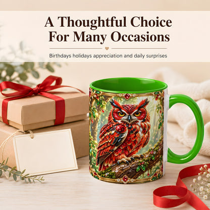 #pl[11oz|Green] Red Gem Owl Coffee Mug, Gemstone Style Owl Mug, Ceramic Cup