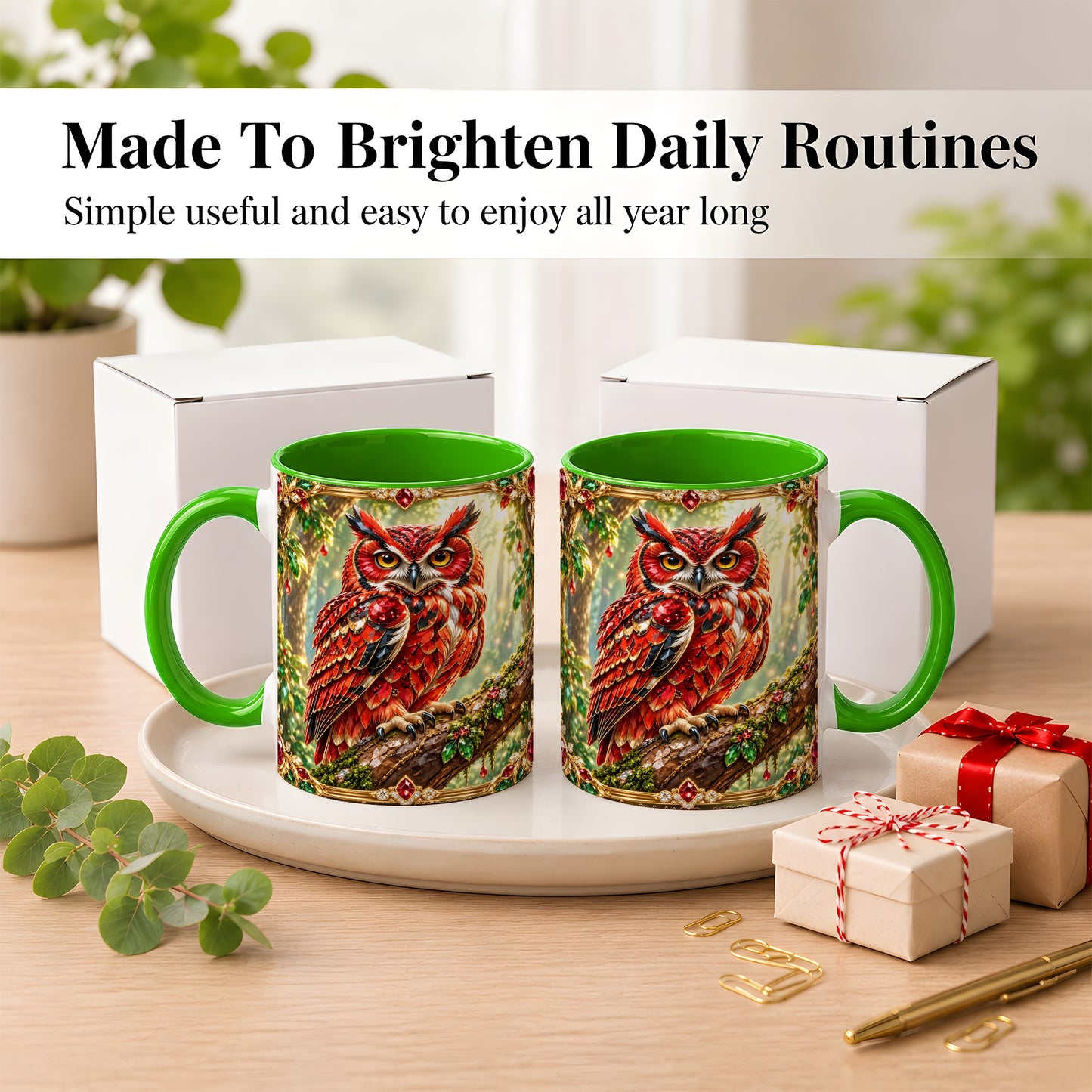 #pl[11oz|Green] Red Gem Owl Coffee Mug, Gemstone Style Owl Mug, Ceramic Cup
