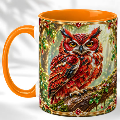 #pl[11oz|Orange] Red Gem Owl Coffee Mug, Gemstone Style Owl Mug, Ceramic Cup