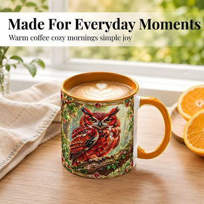 #pl[11oz|Orange] Red Gem Owl Coffee Mug, Gemstone Style Owl Mug, Ceramic Cup