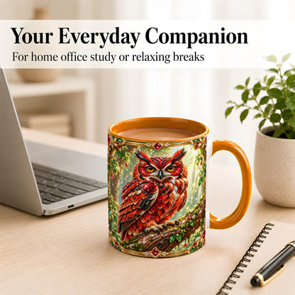 #pl[11oz|Orange] Red Gem Owl Coffee Mug, Gemstone Style Owl Mug, Ceramic Cup