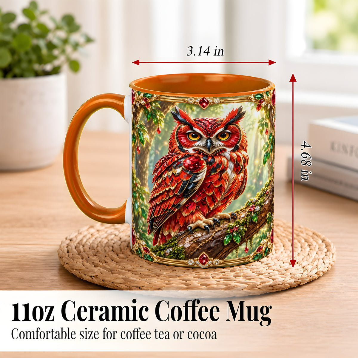 #pl[11oz|Orange] Red Gem Owl Coffee Mug, Gemstone Style Owl Mug, Ceramic Cup