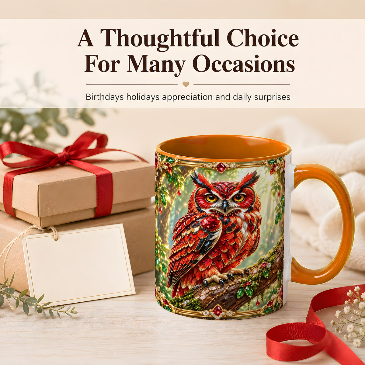 #pl[11oz|Orange] Red Gem Owl Coffee Mug, Gemstone Style Owl Mug, Ceramic Cup