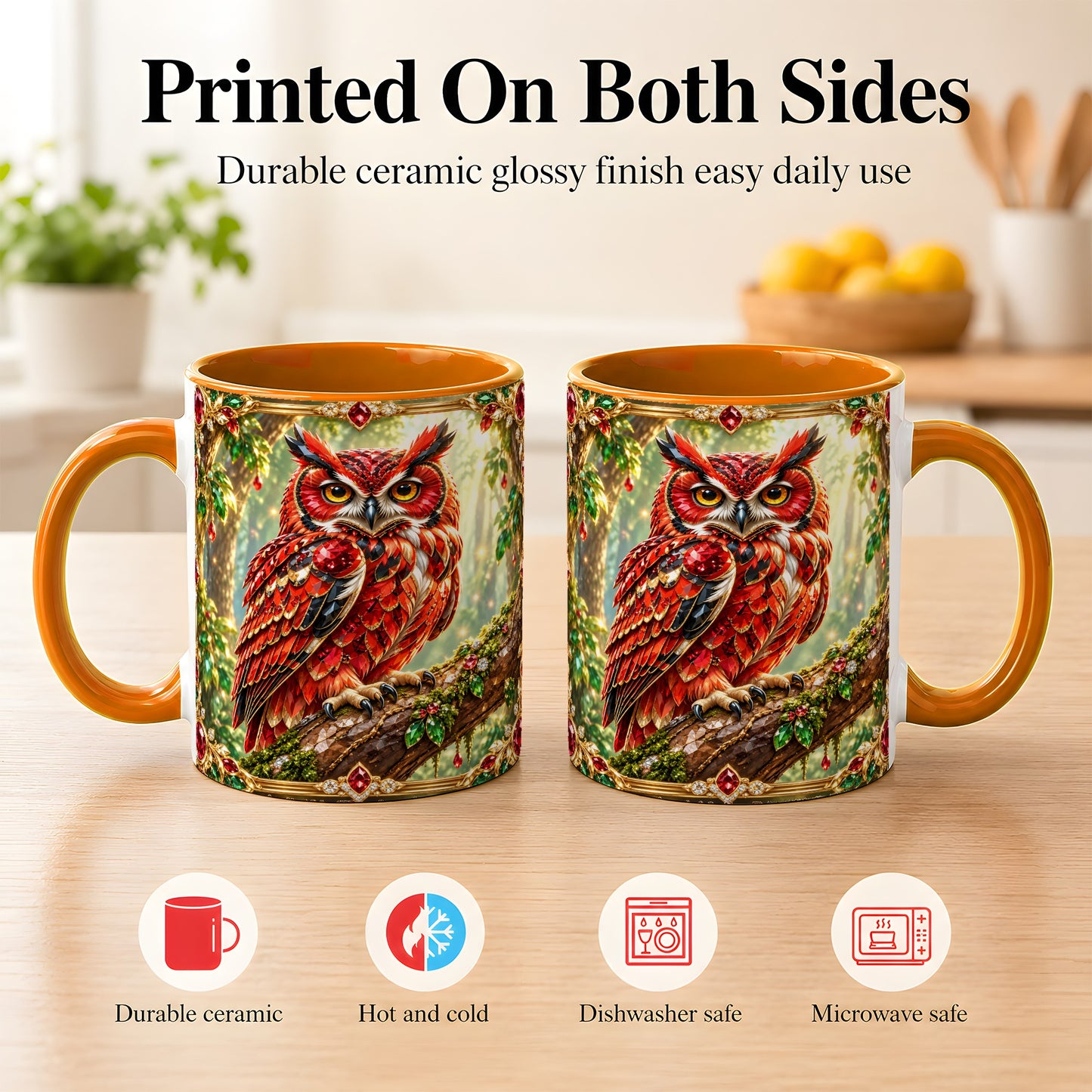 #pl[11oz|Orange] Red Gem Owl Coffee Mug, Gemstone Style Owl Mug, Ceramic Cup