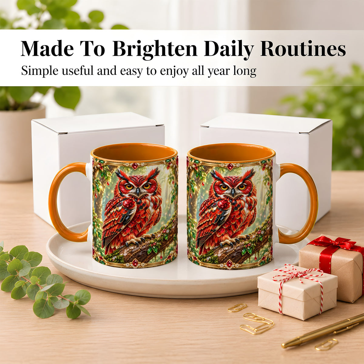 #pl[11oz|Orange] Red Gem Owl Coffee Mug, Gemstone Style Owl Mug, Ceramic Cup