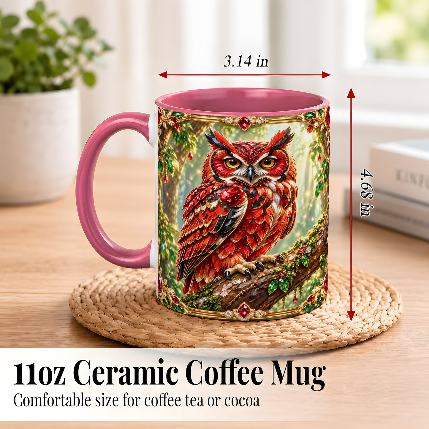 #pl[11oz|Pink] Red Gem Owl Coffee Mug, Gemstone Style Owl Mug, Ceramic Cup