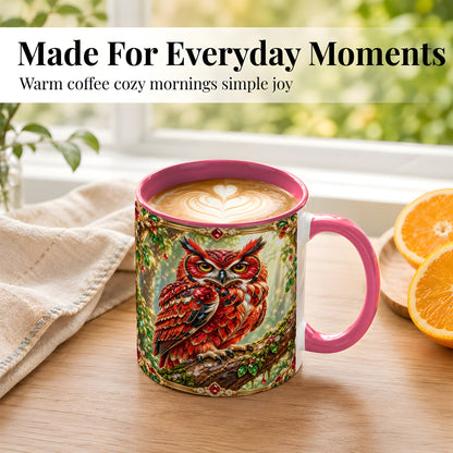 #pl[11oz|Pink] Red Gem Owl Coffee Mug, Gemstone Style Owl Mug, Ceramic Cup