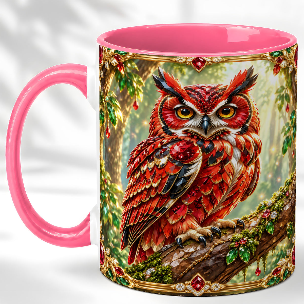 #pl[11oz|Pink] Red Gem Owl Coffee Mug, Gemstone Style Owl Mug, Ceramic Cup