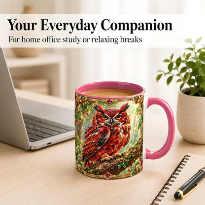 #pl[11oz|Pink] Red Gem Owl Coffee Mug, Gemstone Style Owl Mug, Ceramic Cup