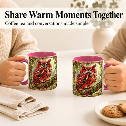 #pl[11oz|Pink] Red Gem Owl Coffee Mug, Gemstone Style Owl Mug, Ceramic Cup