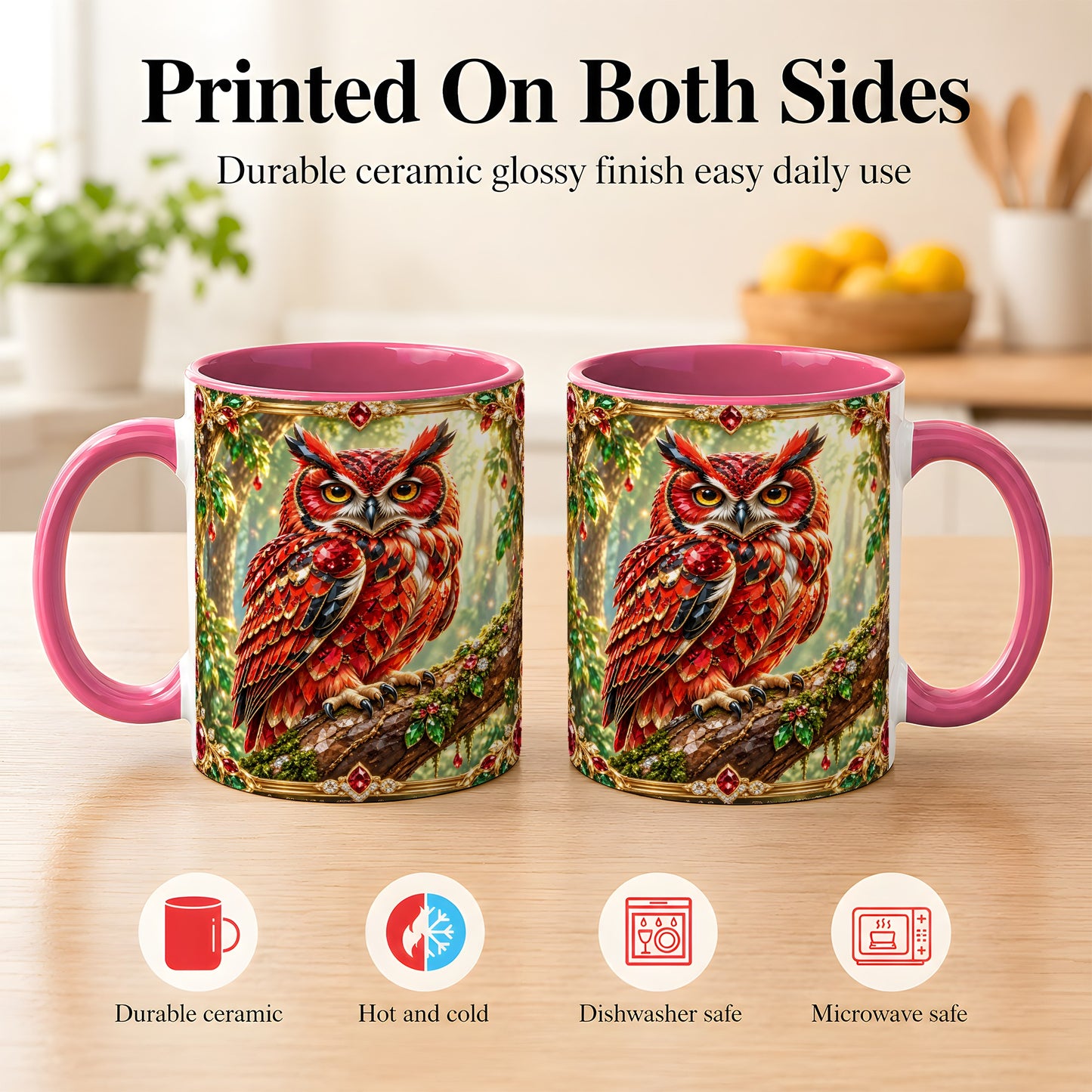 #pl[11oz|Pink] Red Gem Owl Coffee Mug, Gemstone Style Owl Mug, Ceramic Cup