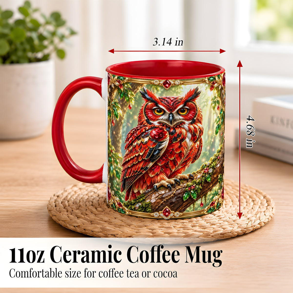 #pl[11oz|Red] Red Gem Owl Coffee Mug, Gemstone Style Owl Mug, Ceramic Cup