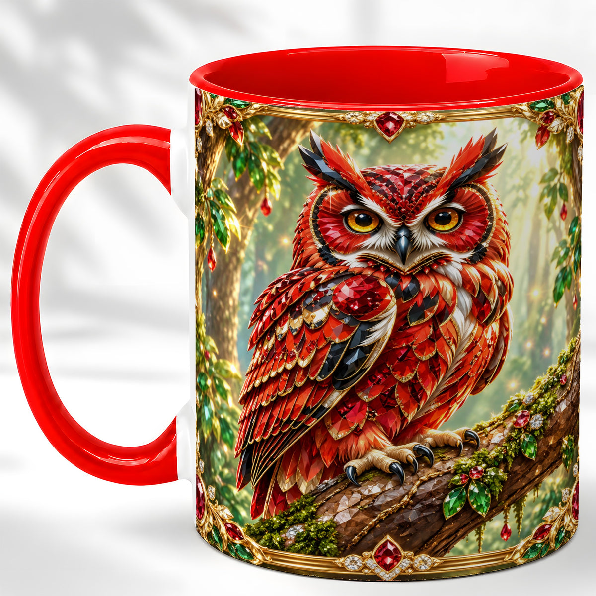 Red Gem Owl Coffee Mug, Gemstone Style Owl Mug, Ceramic Cup