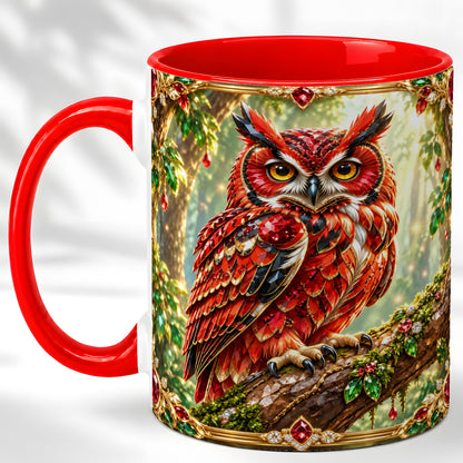 Red Gem Owl Coffee Mug, Gemstone Style Owl Mug, Ceramic Cup