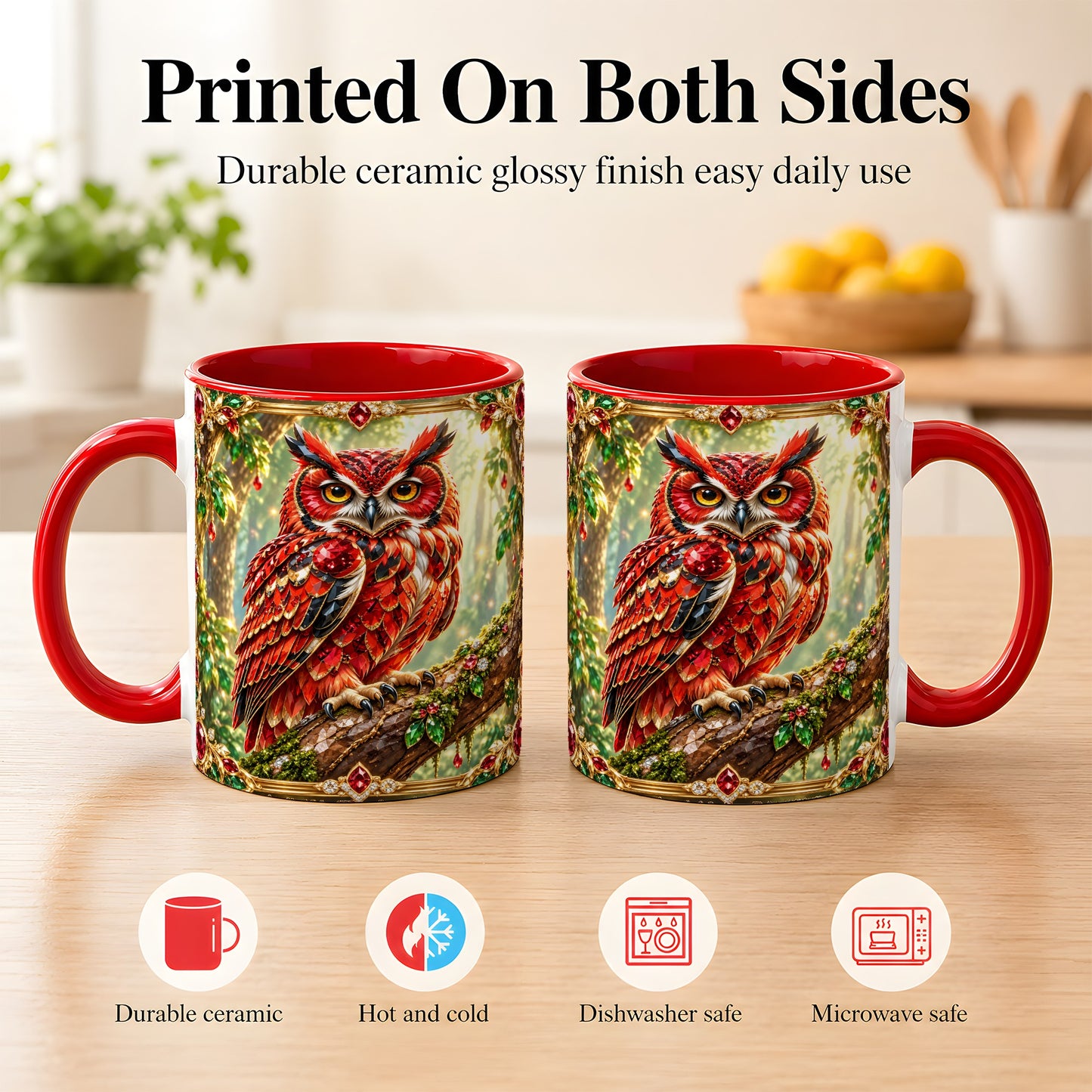 #pl[11oz|Red] Red Gem Owl Coffee Mug, Gemstone Style Owl Mug, Ceramic Cup