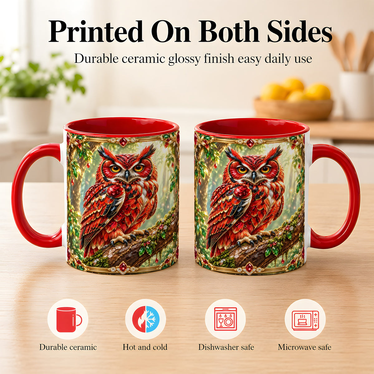 #pl[11oz|Red] Red Gem Owl Coffee Mug, Gemstone Style Owl Mug, Ceramic Cup