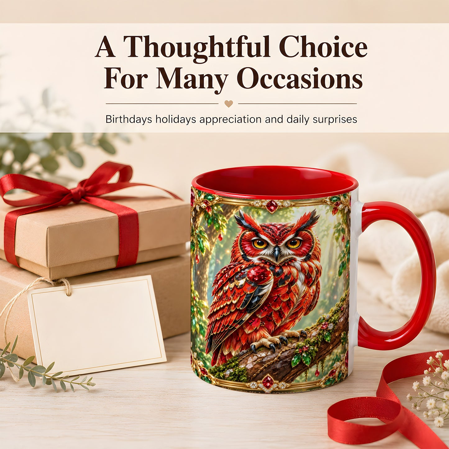 #pl[11oz|Red] Red Gem Owl Coffee Mug, Gemstone Style Owl Mug, Ceramic Cup