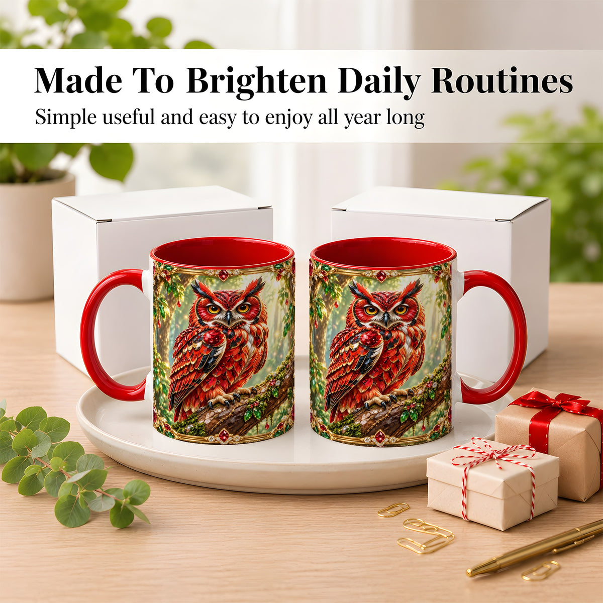 #pl[11oz|Red] Red Gem Owl Coffee Mug, Gemstone Style Owl Mug, Ceramic Cup