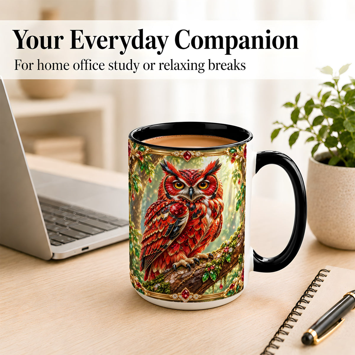 #pl[15oz|Black] Red Gem Owl Coffee Mug, Gemstone Style Owl Mug, Ceramic Cup
