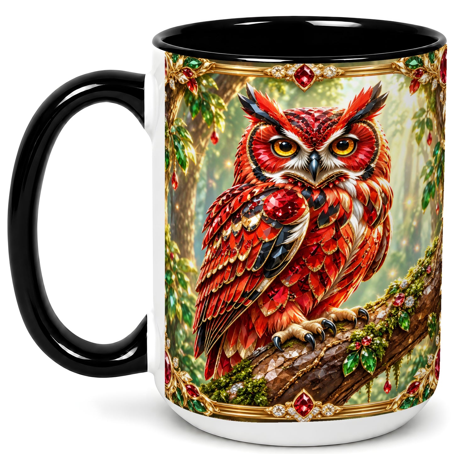#pl[15oz|Black] Red Gem Owl Coffee Mug, Gemstone Style Owl Mug, Ceramic Cup