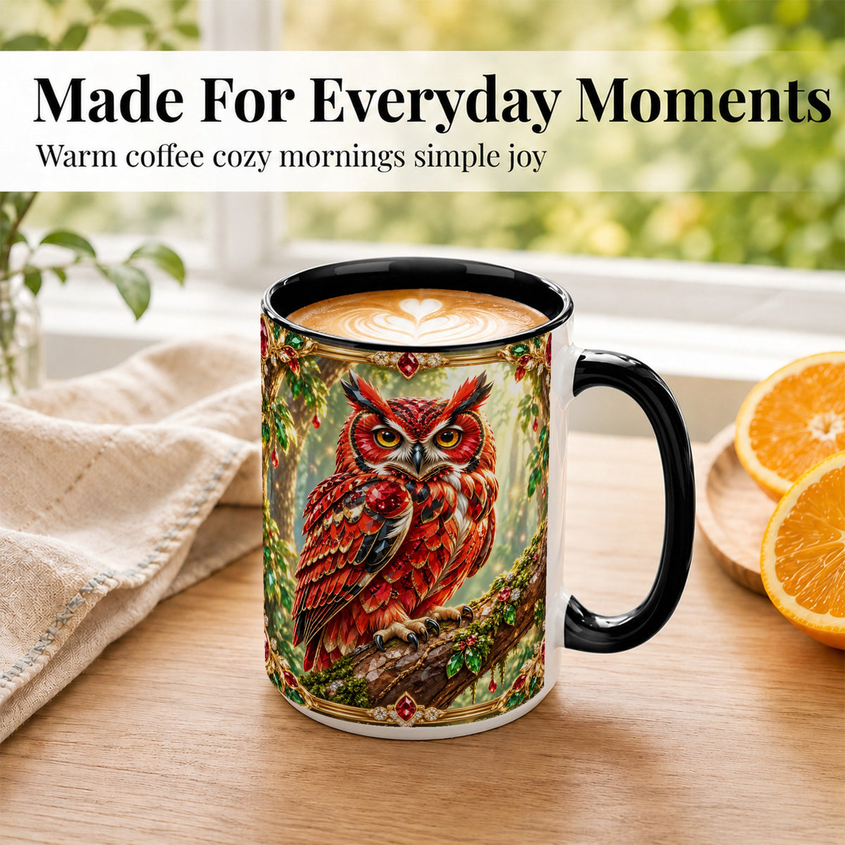 #pl[15oz|Black] Red Gem Owl Coffee Mug, Gemstone Style Owl Mug, Ceramic Cup