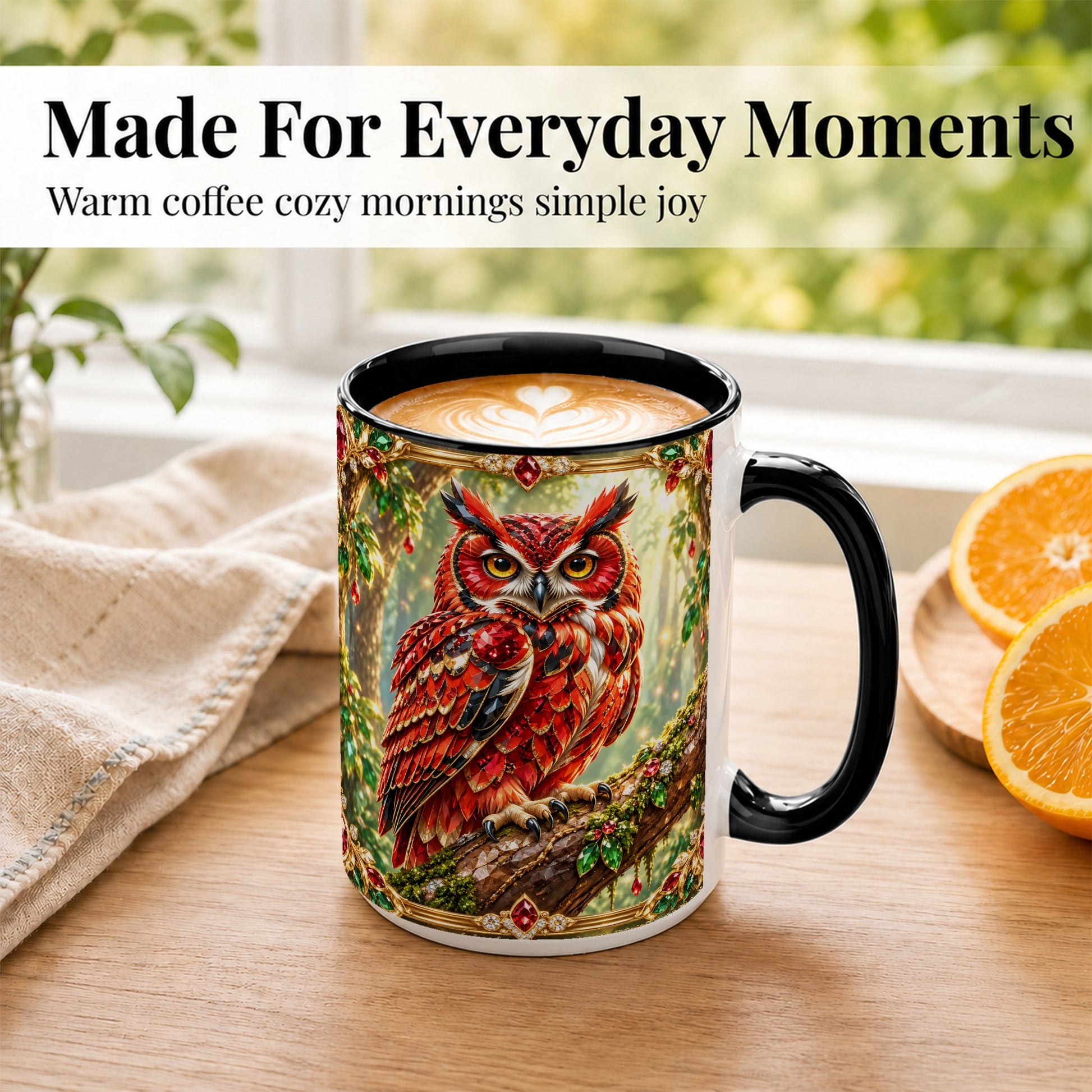 #pl[15oz|Black] Red Gem Owl Coffee Mug, Gemstone Style Owl Mug, Ceramic Cup