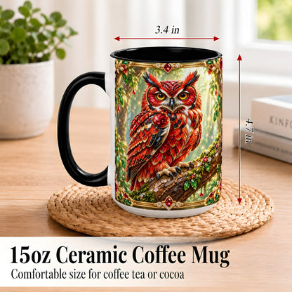 #pl[15oz|Black] Red Gem Owl Coffee Mug, Gemstone Style Owl Mug, Ceramic Cup