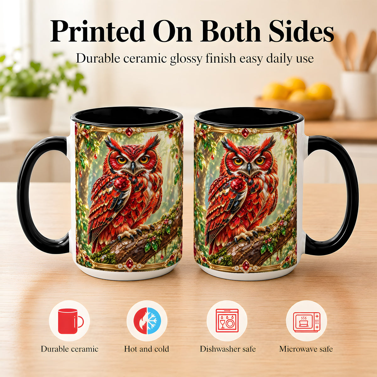 #pl[15oz|Black] Red Gem Owl Coffee Mug, Gemstone Style Owl Mug, Ceramic Cup