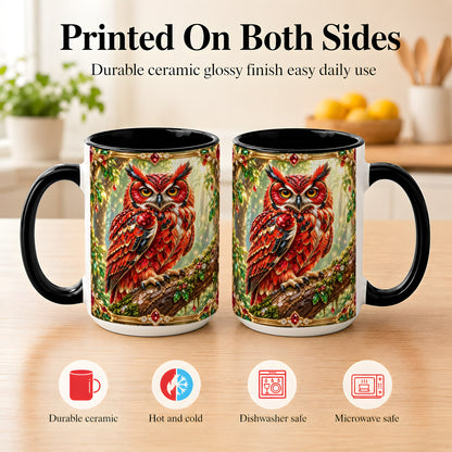 #pl[15oz|Black] Red Gem Owl Coffee Mug, Gemstone Style Owl Mug, Ceramic Cup