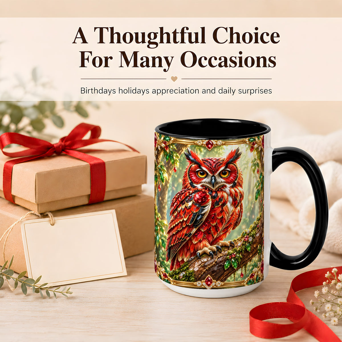 #pl[15oz|Black] Red Gem Owl Coffee Mug, Gemstone Style Owl Mug, Ceramic Cup