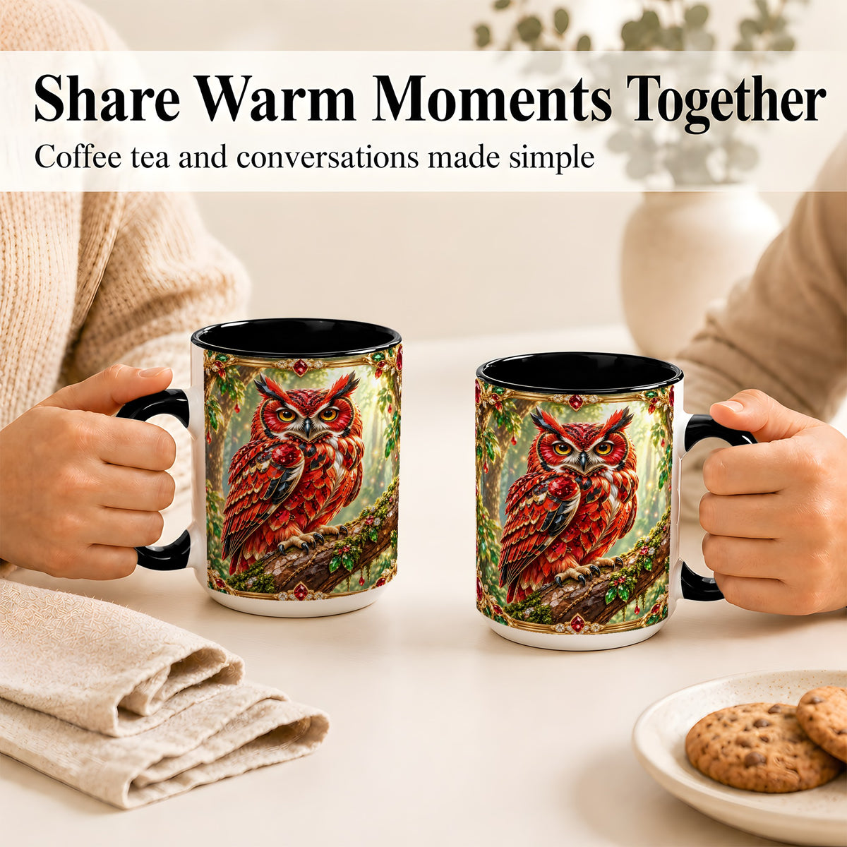 #pl[15oz|Black] Red Gem Owl Coffee Mug, Gemstone Style Owl Mug, Ceramic Cup