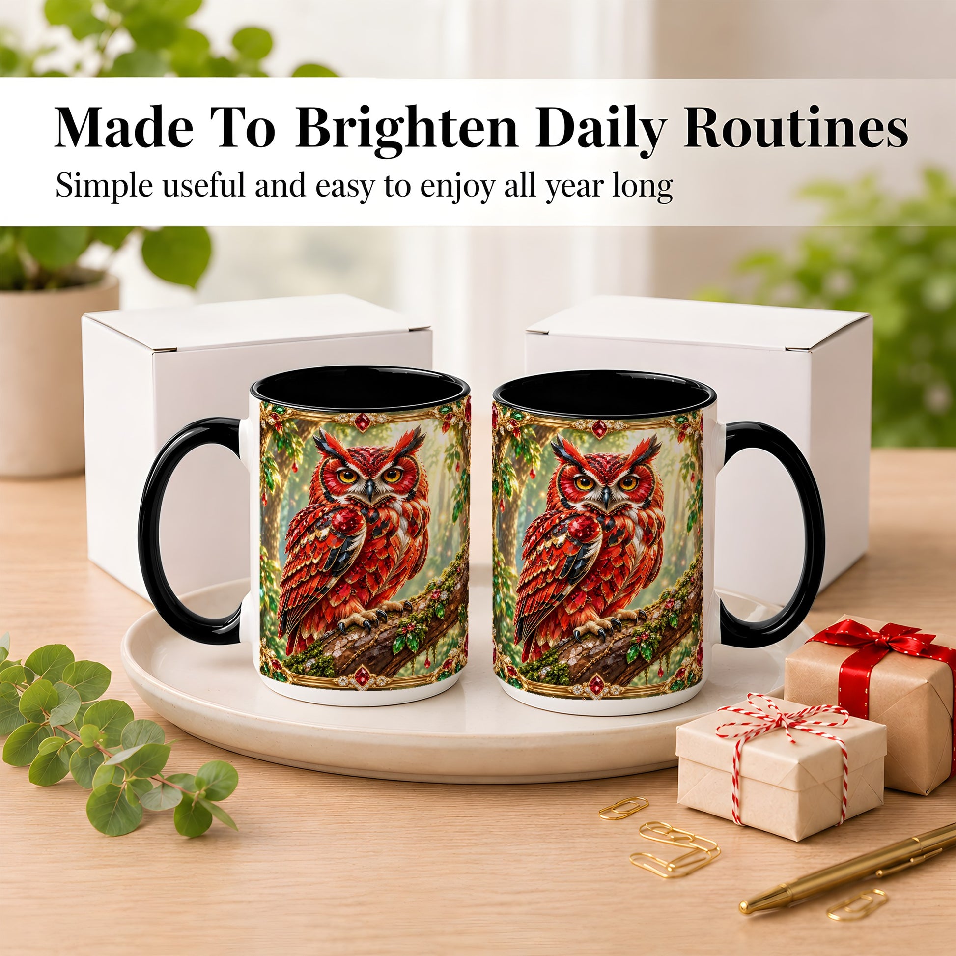 #pl[15oz|Black] Red Gem Owl Coffee Mug, Gemstone Style Owl Mug, Ceramic Cup