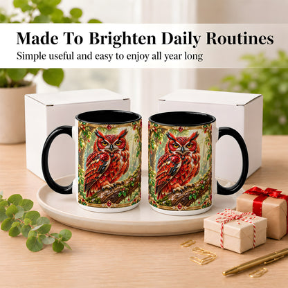 #pl[15oz|Black] Red Gem Owl Coffee Mug, Gemstone Style Owl Mug, Ceramic Cup