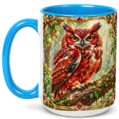 #pl[15oz|Blue] Red Gem Owl Coffee Mug, Gemstone Style Owl Mug, Ceramic Cup