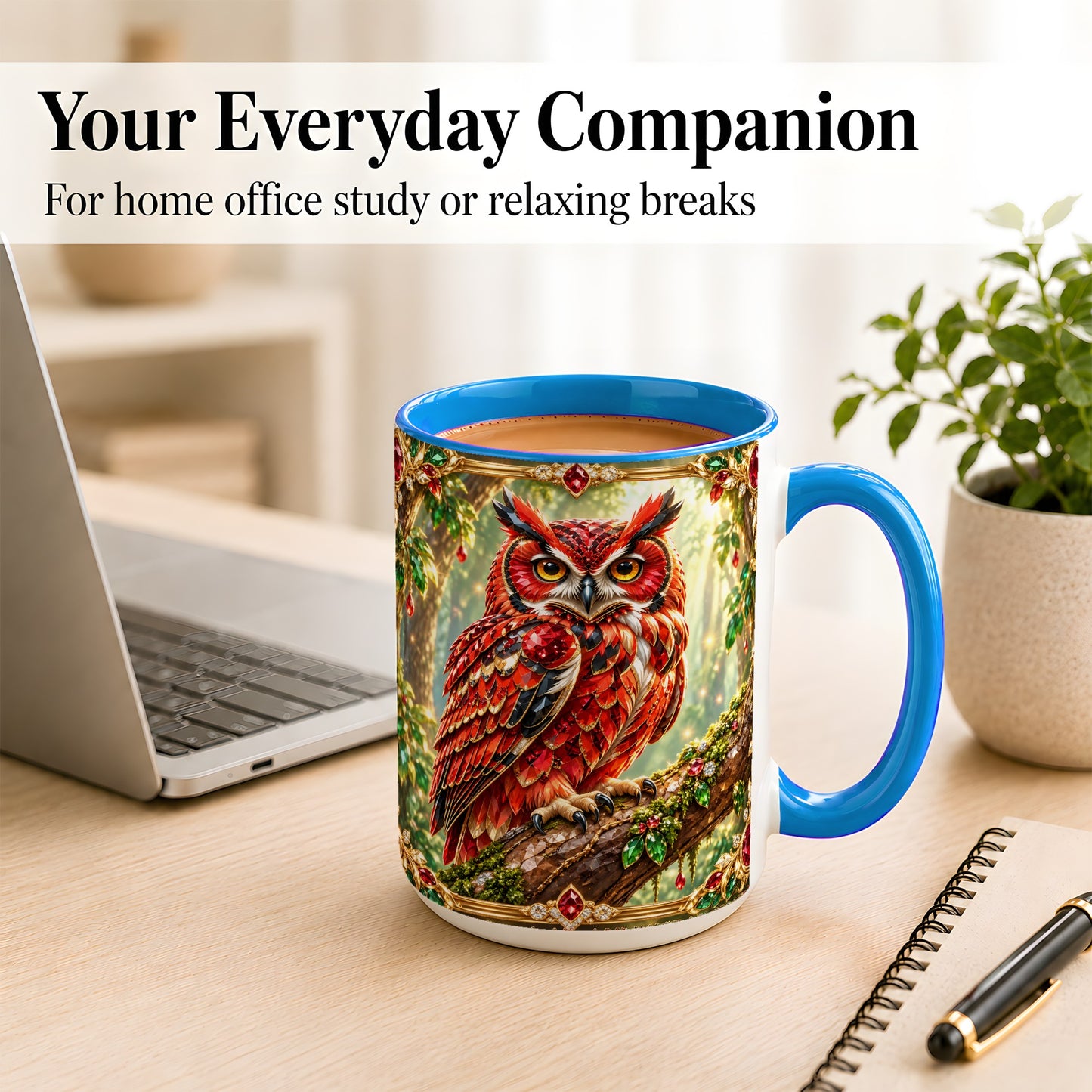 #pl[15oz|Blue] Red Gem Owl Coffee Mug, Gemstone Style Owl Mug, Ceramic Cup