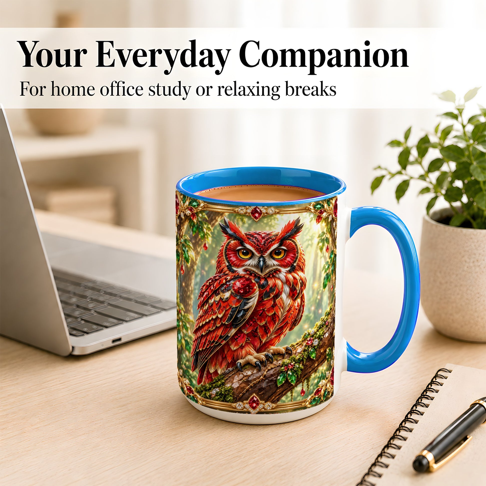 #pl[15oz|Blue] Red Gem Owl Coffee Mug, Gemstone Style Owl Mug, Ceramic Cup