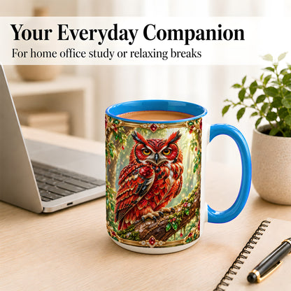 #pl[15oz|Blue] Red Gem Owl Coffee Mug, Gemstone Style Owl Mug, Ceramic Cup