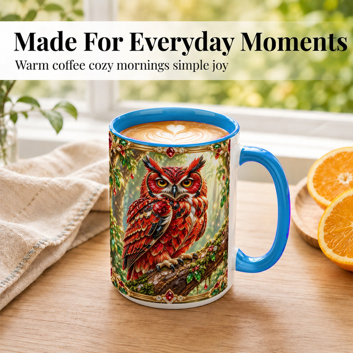 #pl[15oz|Blue] Red Gem Owl Coffee Mug, Gemstone Style Owl Mug, Ceramic Cup