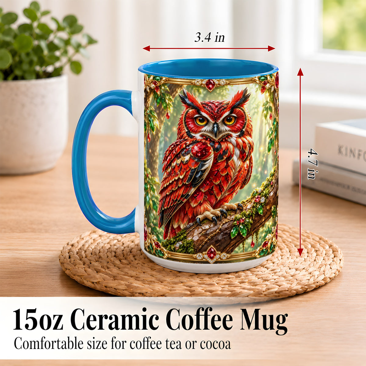#pl[15oz|Blue] Red Gem Owl Coffee Mug, Gemstone Style Owl Mug, Ceramic Cup
