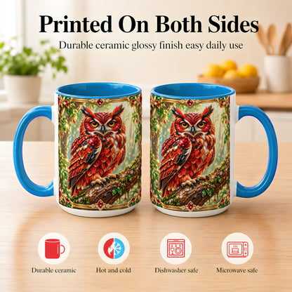 #pl[15oz|Blue] Red Gem Owl Coffee Mug, Gemstone Style Owl Mug, Ceramic Cup