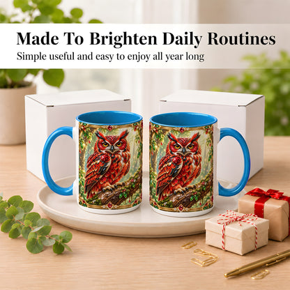 #pl[15oz|Blue] Red Gem Owl Coffee Mug, Gemstone Style Owl Mug, Ceramic Cup
