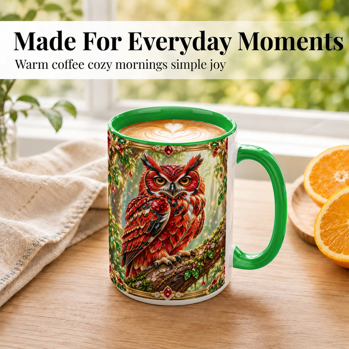 #pl[15oz|Green] Red Gem Owl Coffee Mug, Gemstone Style Owl Mug, Ceramic Cup