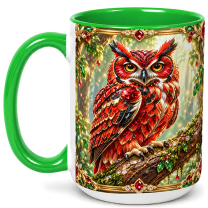 #pl[15oz|Green] Red Gem Owl Coffee Mug, Gemstone Style Owl Mug, Ceramic Cup
