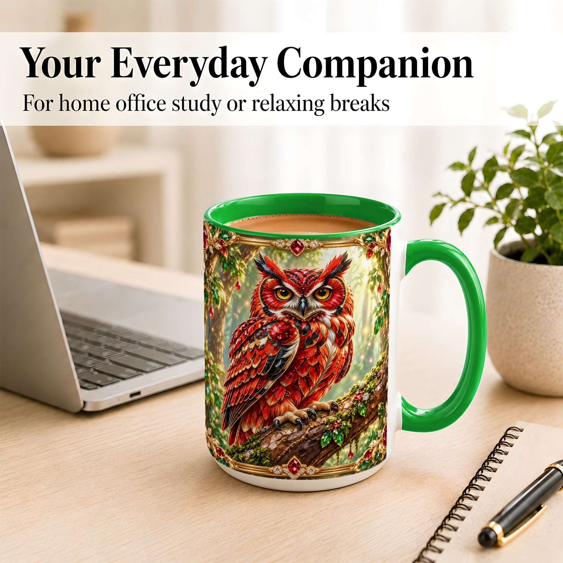 #pl[15oz|Green] Red Gem Owl Coffee Mug, Gemstone Style Owl Mug, Ceramic Cup