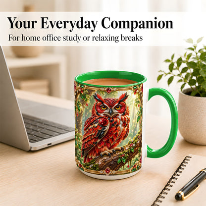 #pl[15oz|Green] Red Gem Owl Coffee Mug, Gemstone Style Owl Mug, Ceramic Cup