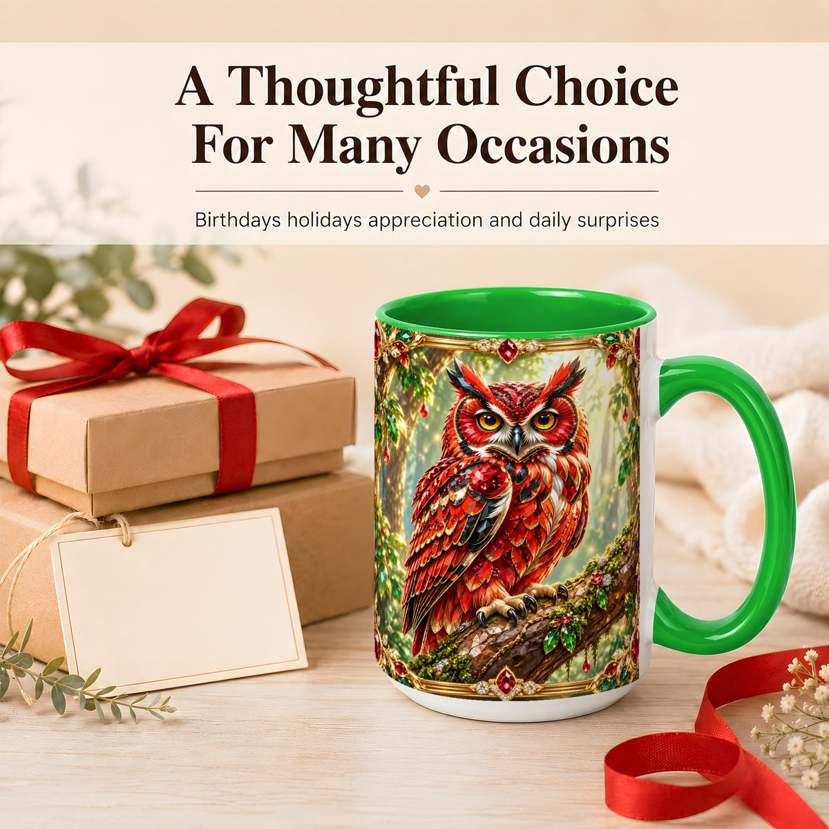 #pl[15oz|Green] Red Gem Owl Coffee Mug, Gemstone Style Owl Mug, Ceramic Cup