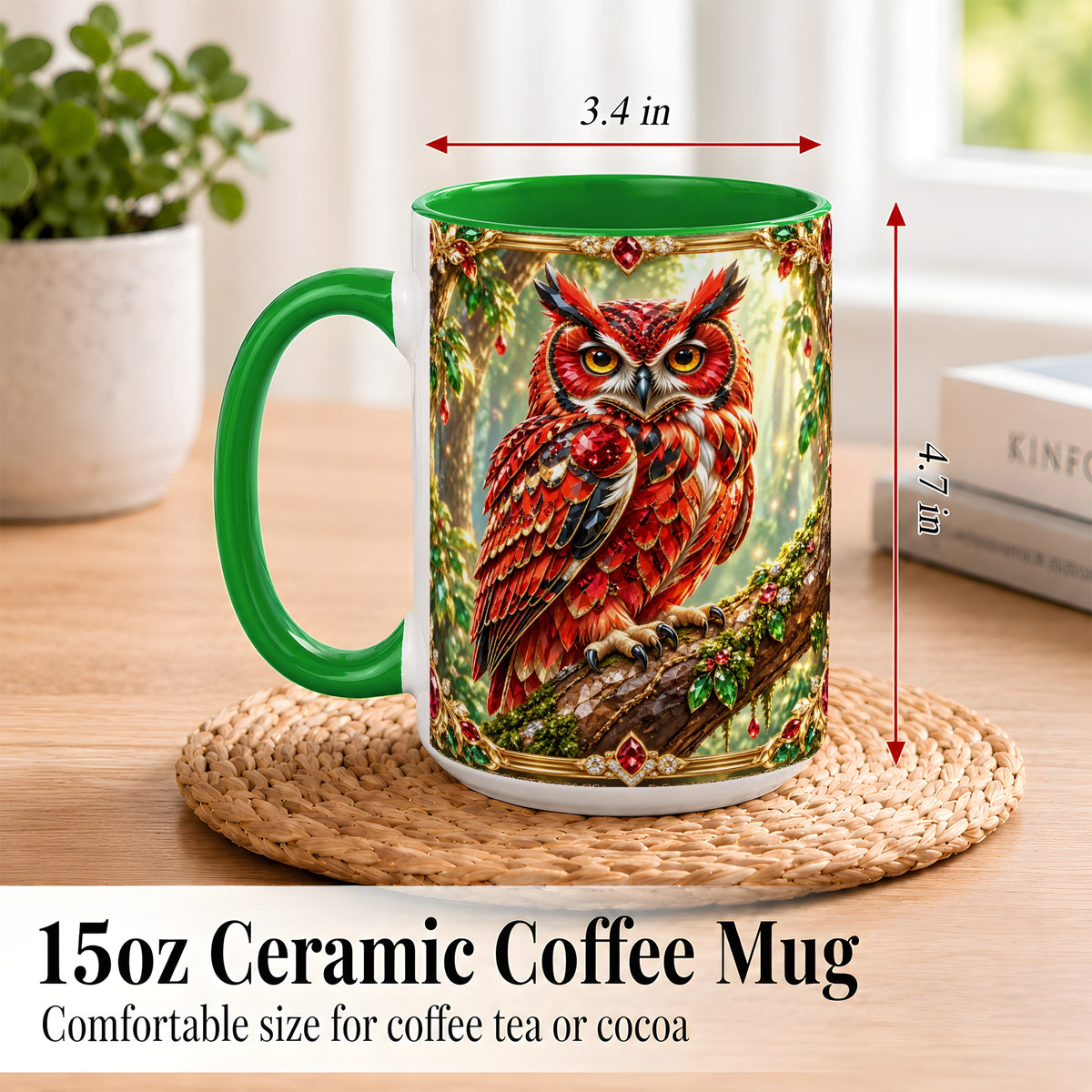 #pl[15oz|Green] Red Gem Owl Coffee Mug, Gemstone Style Owl Mug, Ceramic Cup