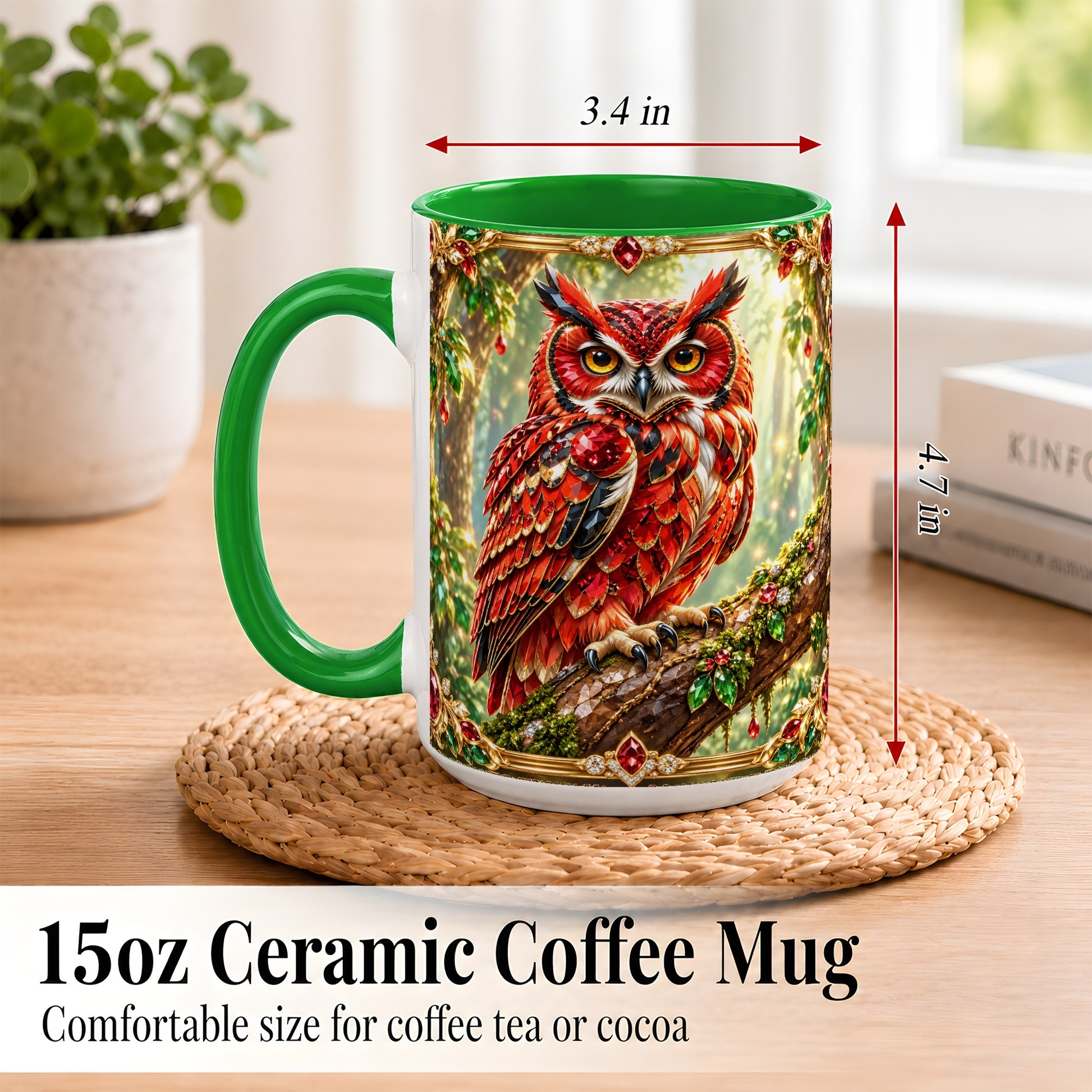 #pl[15oz|Green] Red Gem Owl Coffee Mug, Gemstone Style Owl Mug, Ceramic Cup
